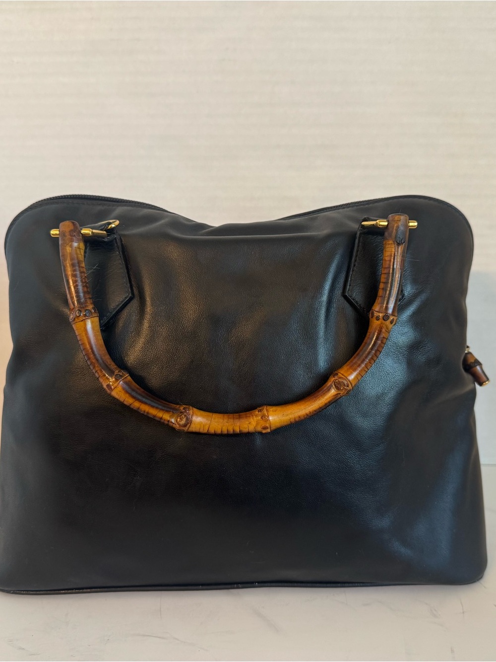 Large Authentic Gucci Black leather bamboo handle bag purse satchel - Picture 9 of 17